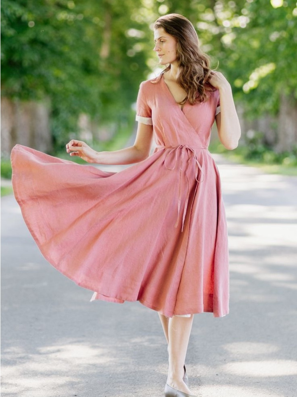 Elegant Pink Wrap Midi Linen Dress with Tie Waist